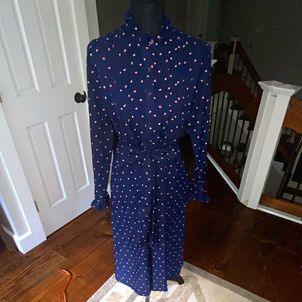 Ciao LTD Women's Blue Red White Polka Dot Silk Shirt Midi Belted Dress, Size 4